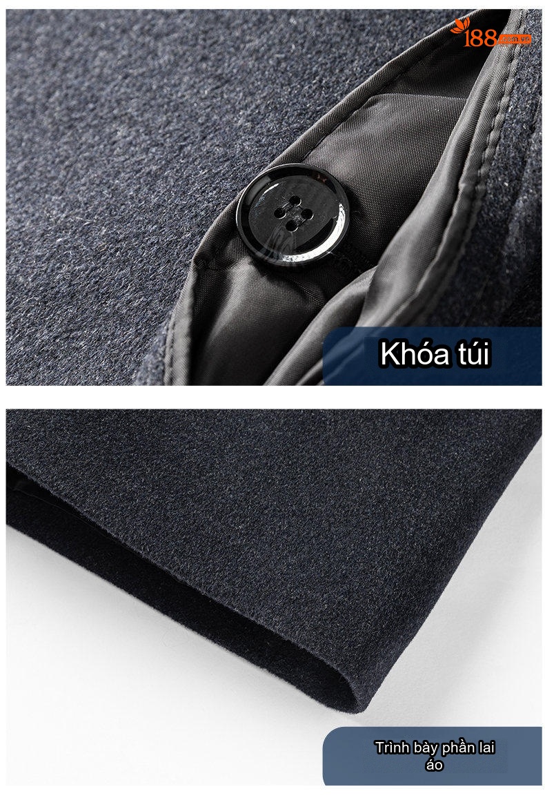 Áo Khoác Dạ Nam Lông Cừu Mùa Đông Dáng Dài Cổ Bẻ Màu Đen chi tiết 17
