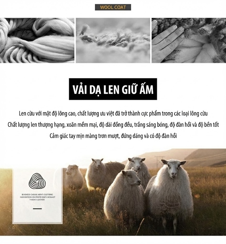 Áo Khoác Dạ Nam Lông Vũ Lót Lông Cừu Hai Hàng Khuy Màu Nâu, Đen chi tiết 3
