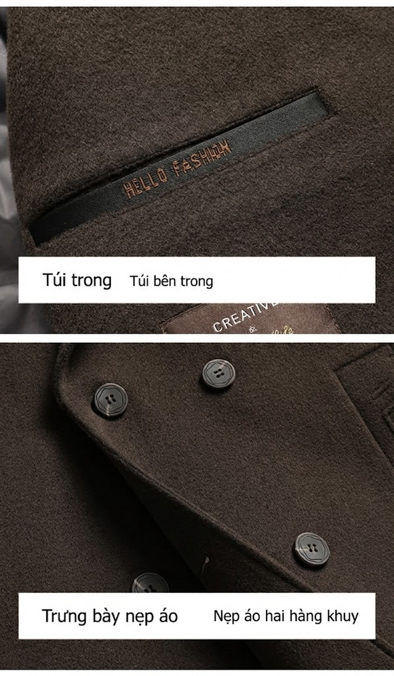 Áo Khoác Dạ Nam Lông Vũ Lót Lông Cừu Hai Hàng Khuy Màu Nâu, Đen chi tiết 19