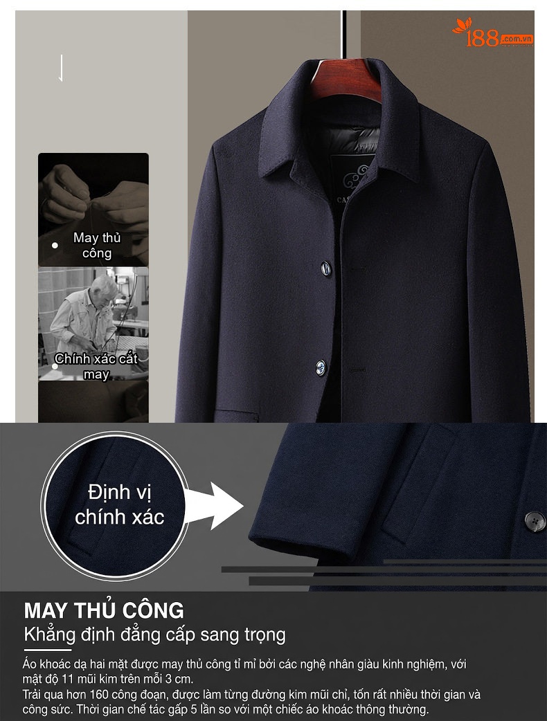 Áo Khoác Dạ Nam Lông Vũ, Lót Lông Ngỗng Có Thể Tháo Rời Màu Đen chi tiết 7