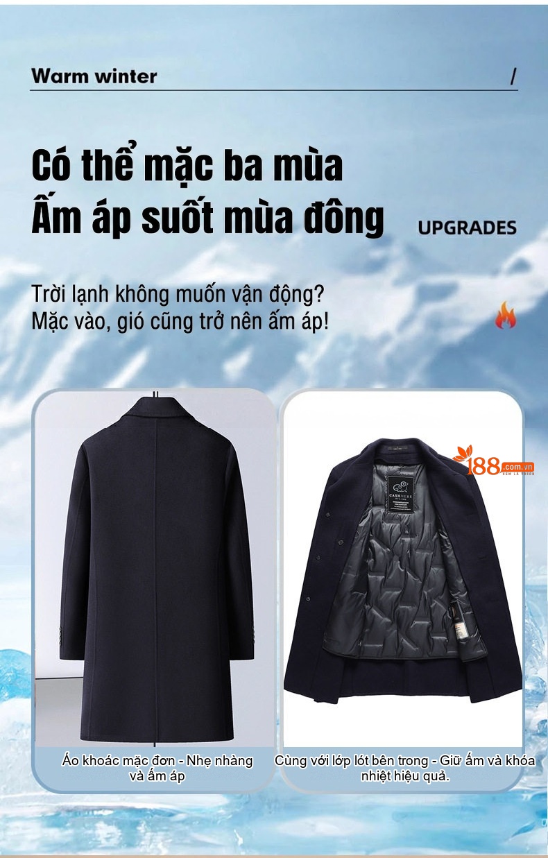 Áo Khoác Dạ Nam Lông Vũ, Lót Lông Ngỗng Có Thể Tháo Rời Màu Đen chi tiết 9