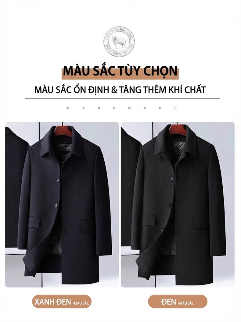 Áo Khoác Dạ Nam Lông Vũ, Lót Lông Ngỗng Có Thể Tháo Rời Màu Đen chi tiết 14