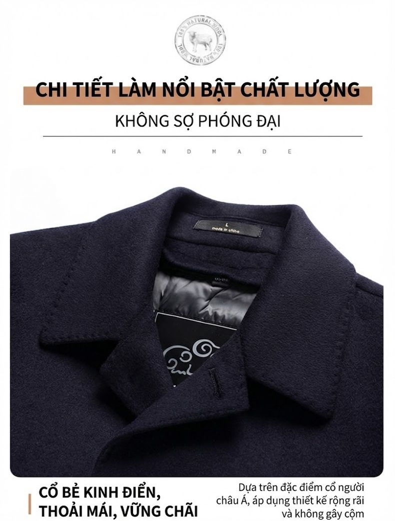Áo Khoác Dạ Nam Lông Vũ, Lót Lông Ngỗng Có Thể Tháo Rời Màu Đen chi tiết 12