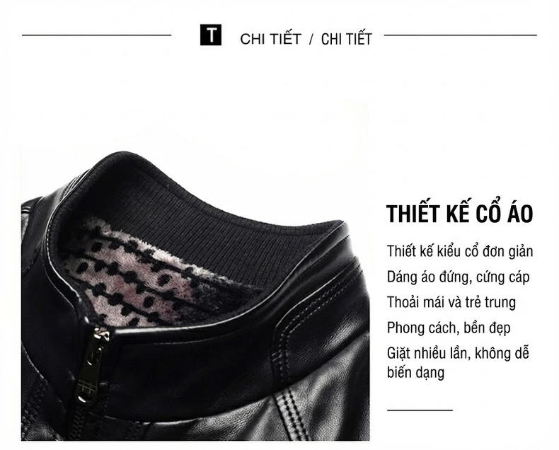 Áo Khoác Da Nam Lót Lông Cổ Trụ Dáng Ôm Màu Đen, Nâu chi tiết 3