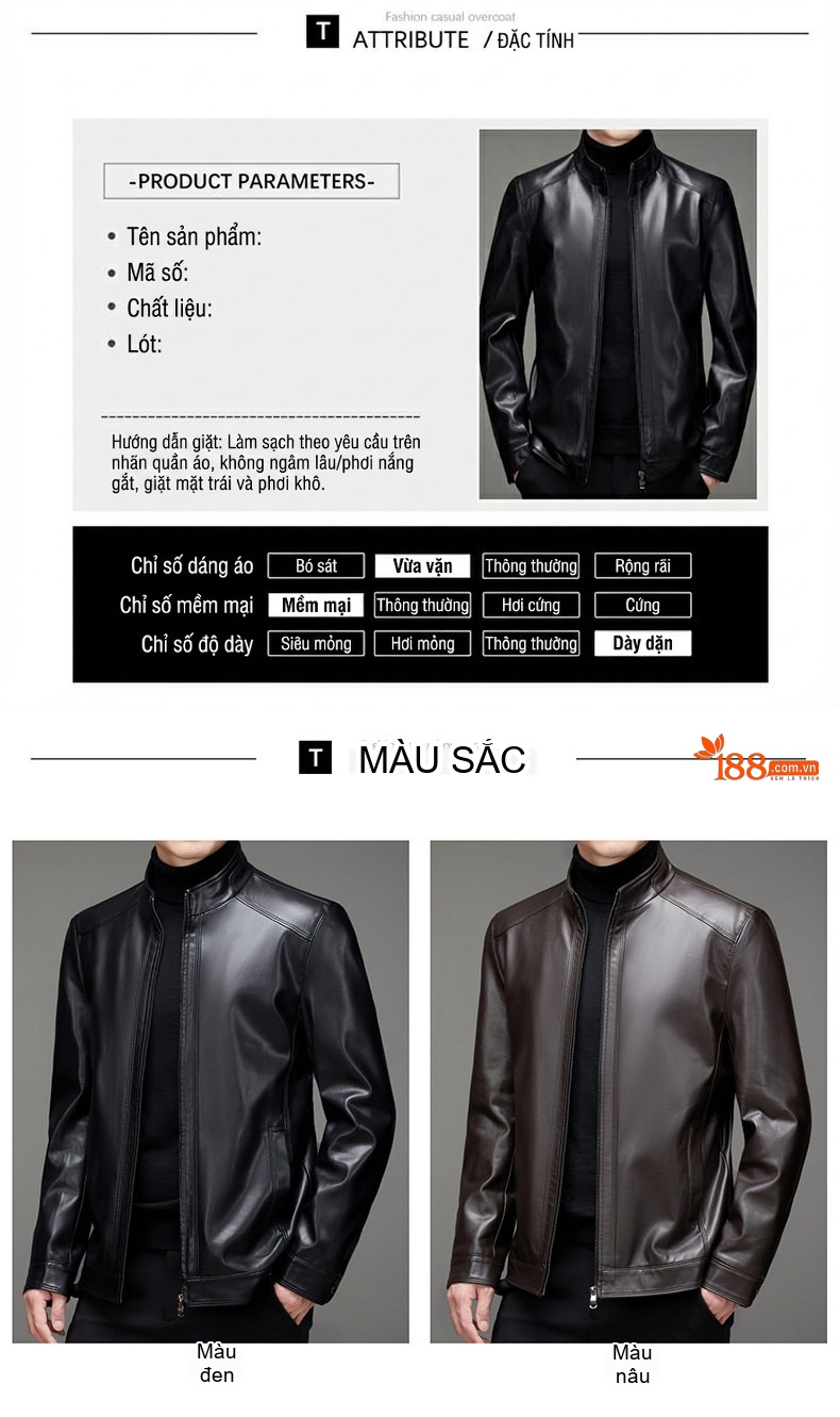 Áo Khoác Da Nam Lót Lông Cổ Trụ Dáng Ôm Màu Đen, Nâu chi tiết 6