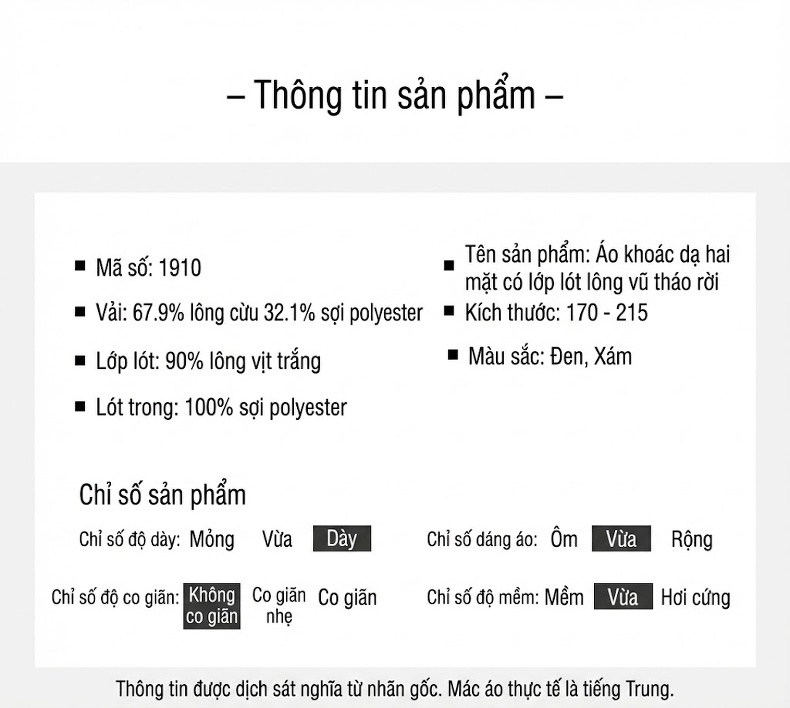 Áo Khoác Dạ Nam Lót Lông Vũ Dáng Dài Màu Đen, Xám chi tiết 10