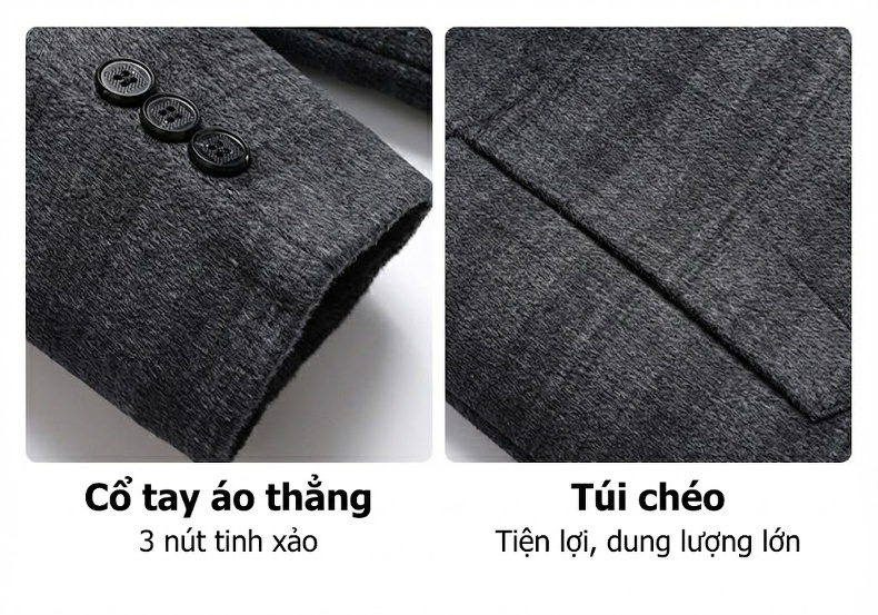 Áo Khoác Dạ Nam Lót Lông Vũ Dày Dặn Cổ Bẻ Màu Xám chi tiết 11