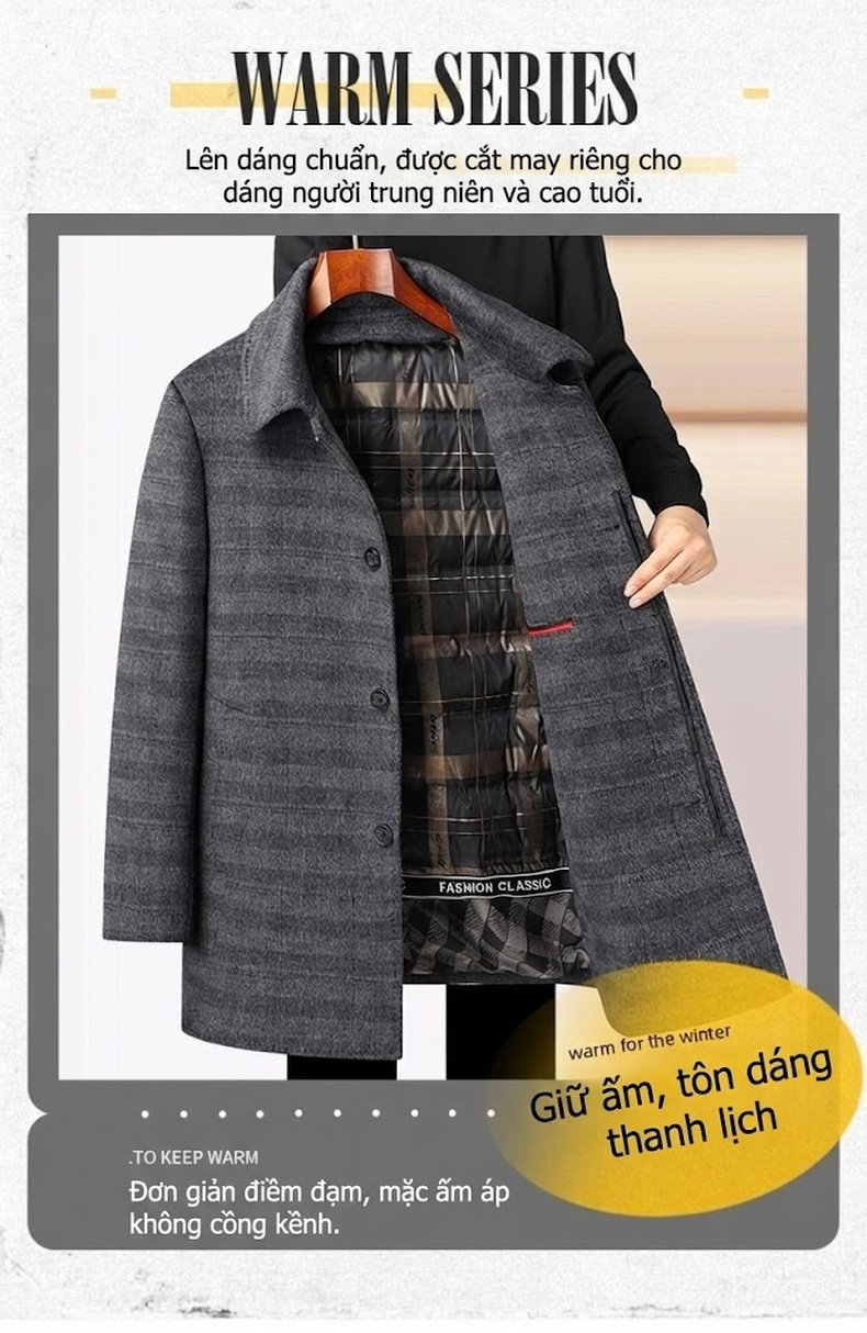 Áo Khoác Dạ Nam Lót Lông Vũ Dày Dặn Cổ Bẻ Màu Xám chi tiết 3