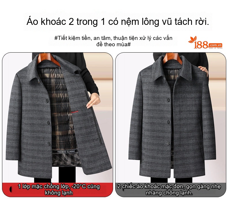 Áo Khoác Dạ Nam Lót Lông Vũ Dày Dặn Cổ Bẻ Màu Xám chi tiết 5