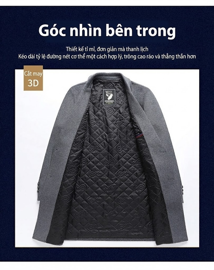 Áo Khoác Dạ Nam Trung Dài Dáng Vest Lót Bông Dày Dặn Màu Xám, Đỏ, Đen chi tiết 7