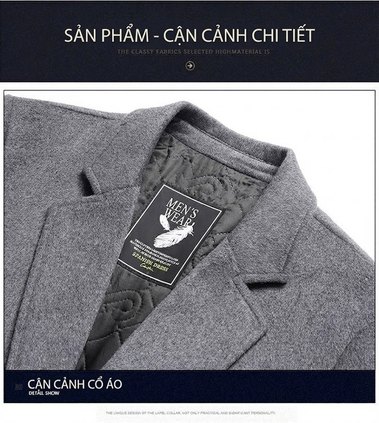 Áo Khoác Dạ Nam Trung Dài Dáng Vest Lót Bông Dày Dặn Màu Xám, Đỏ, Đen chi tiết 18