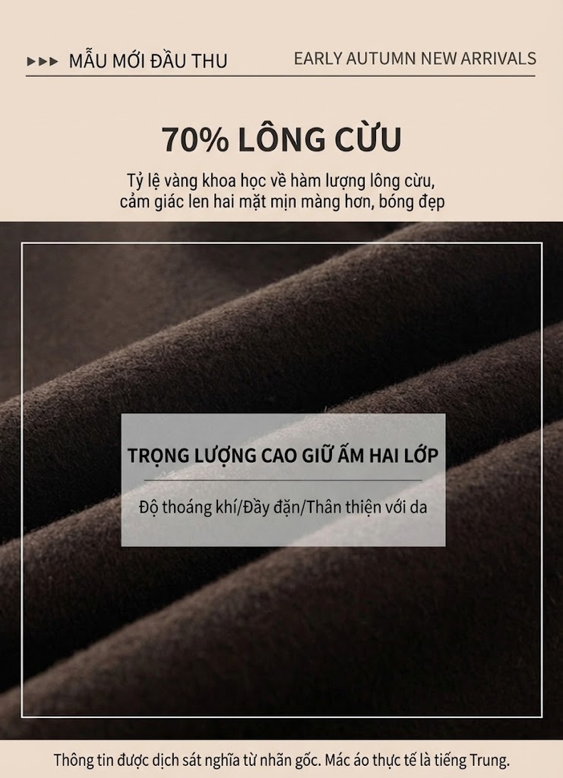 Áo Khoác Dạ Nam Trung Dài Tay Lỡ Hai Hàng Khuy Lót Lông Vũ Màu Nâu, Đen chi tiết 11