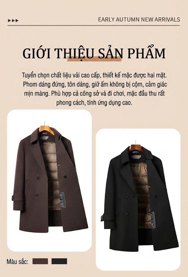 Áo Khoác Dạ Nam Trung Dài Tay Lỡ Hai Hàng Khuy Lót Lông Vũ Màu Nâu, Đen chi tiết 2