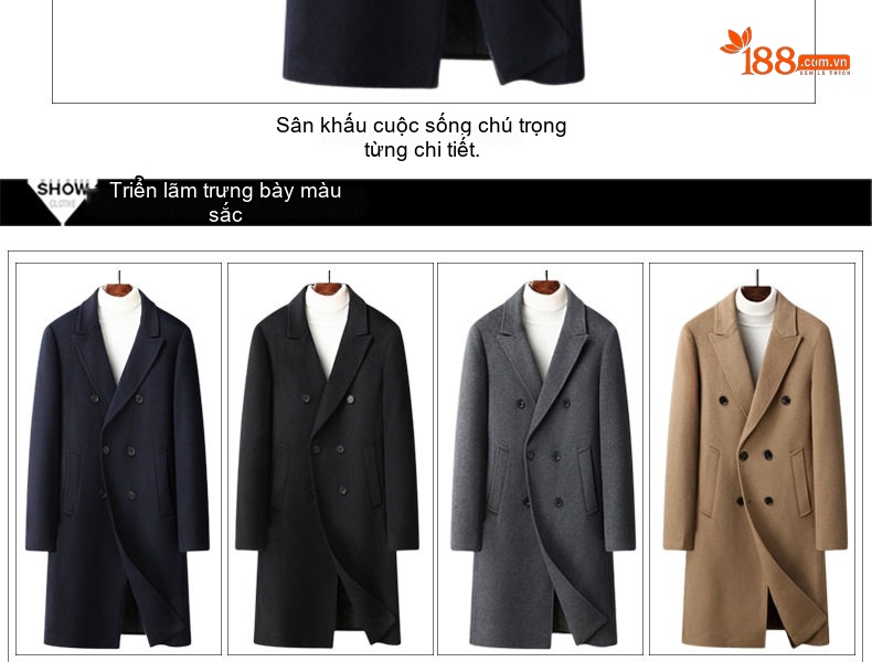Áo Khoác Dạ Nam Trung Dài Tay Vest Cổ Áo Hai Hàng Khuy Phong Cách Hàn Quốc Màu Đen, Xám, Nâu chi tiết 14