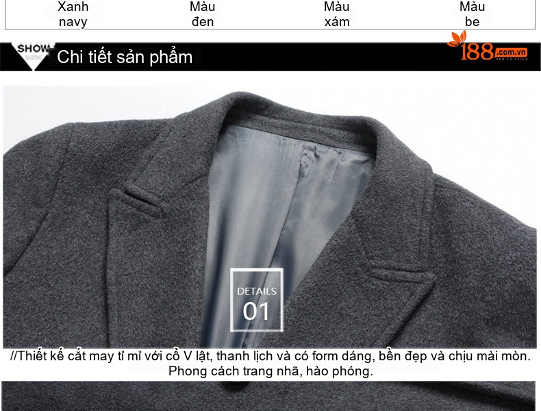 Áo Khoác Dạ Nam Trung Dài Tay Vest Cổ Áo Hai Hàng Khuy Phong Cách Hàn Quốc Màu Đen, Xám, Nâu chi tiết 15