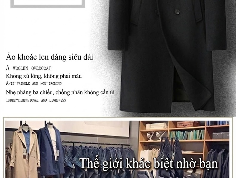 Áo Khoác Dạ Nam Trung Dài Tay Vest Cổ Áo Hai Hàng Khuy Phong Cách Hàn Quốc Màu Đen, Xám, Nâu chi tiết 2