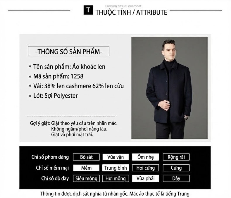 Áo Khoác Dạ Nam Trung Niên Cổ Bẻ Lịch Lãm Chất Liệu Lông Cừu Màu Xanh Navy chi tiết 15