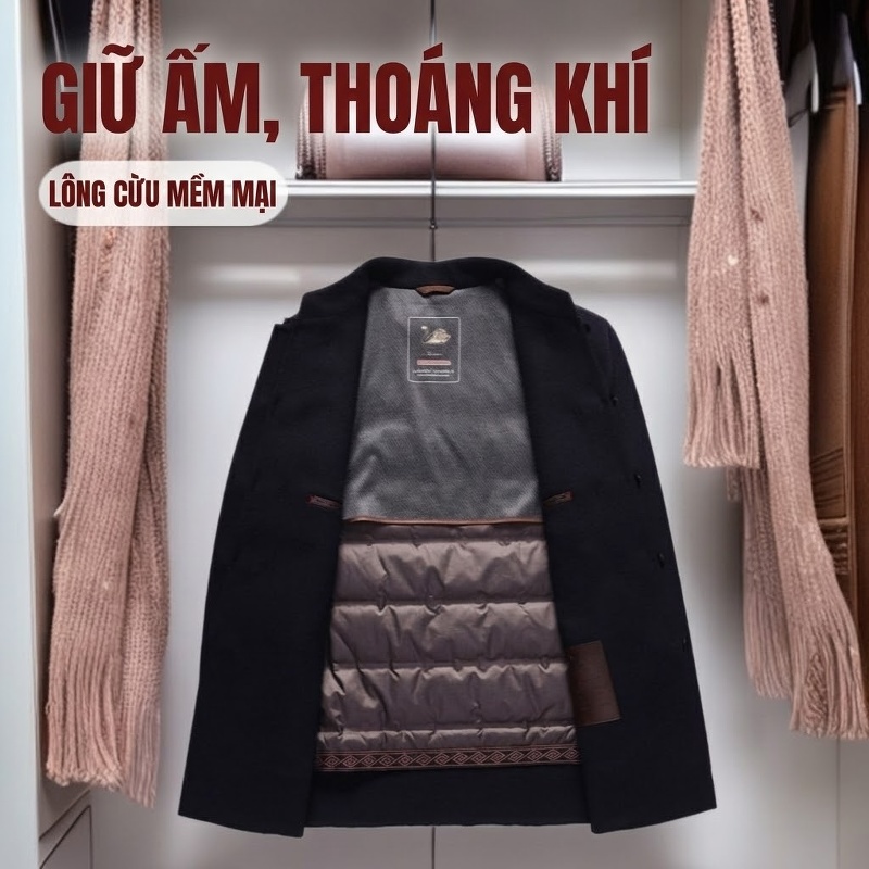 Áo Khoác Dạ Nam Trung Niên Cổ Tàu Khuy Tàu Phong Cách Trung Hoa Lót Lông Vũ Màu Đen