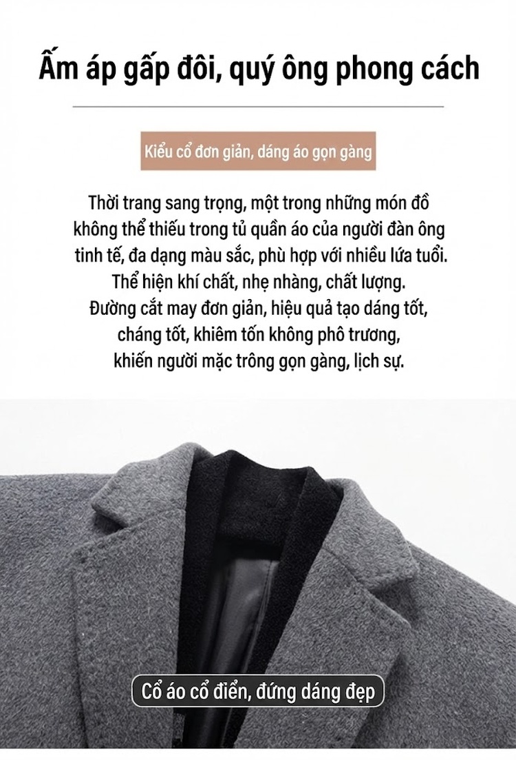 Áo Khoác Dạ Nam Trung Niên Dáng Dài Có Khăn Quàng Cổ Lót Bông Màu Xám, Đen chi tiết 5