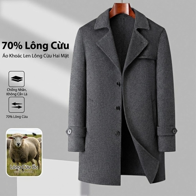 Áo Khoác Dạ Nam Trung Niên Dáng Dài Hai Mặt 70% Lông Cừu Cúc Đôi Phong Cách Hàn Quốc Màu Đen, Xám