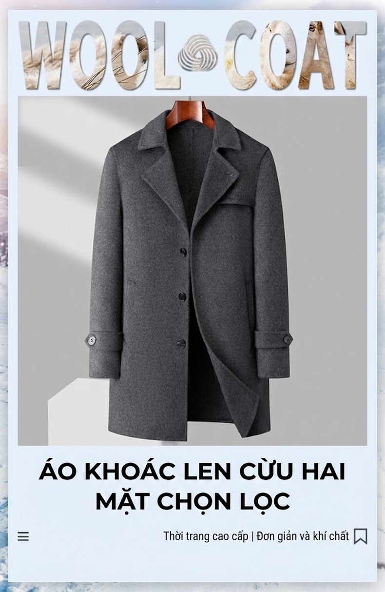 Áo Khoác Dạ Nam Trung Niên Dáng Dài Hai Mặt 70% Lông Cừu Cúc Đôi Phong Cách Hàn Quốc Màu Đen, Xám chi tiết 1