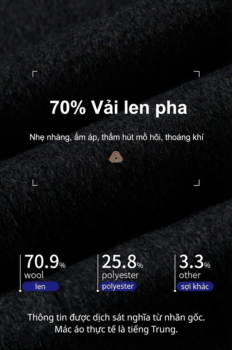 Áo Khoác Dạ Nam Trung Niên Dáng Dài Hai Mặt 70% Lông Cừu Cúc Đôi Phong Cách Hàn Quốc Màu Đen, Xám chi tiết 3
