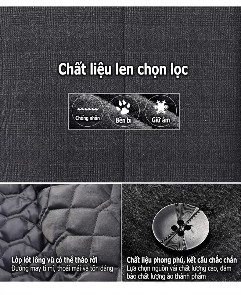 Áo Khoác Dạ Nam Trung Niên Dáng Dài Lót Lông Vũ Tháo Rời Màu Xám chi tiết 3