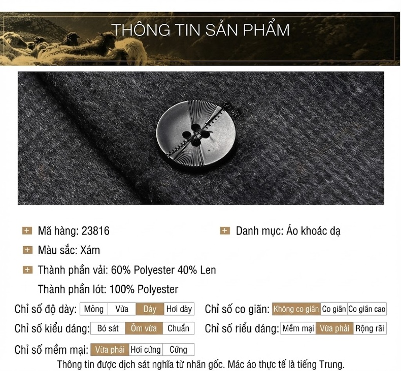 Áo Khoác Dạ Nam Trung Niên Dáng Dài Lót Lông Vũ Tháo Rời Màu Xám chi tiết 7
