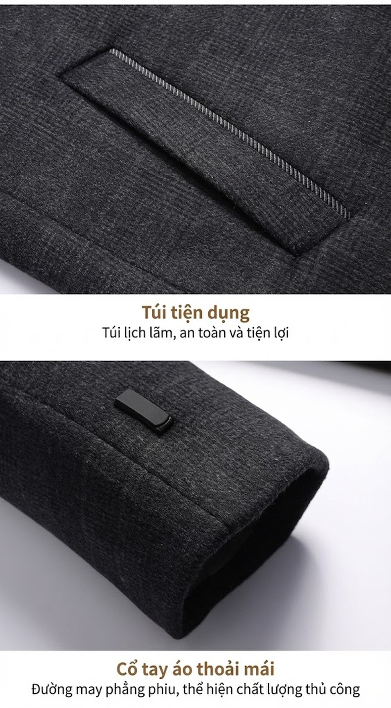 Áo Khoác Dạ Nam Trung Niên Dáng Dài Lót Lông Vũ Tháo Rời Màu Xám chi tiết 14