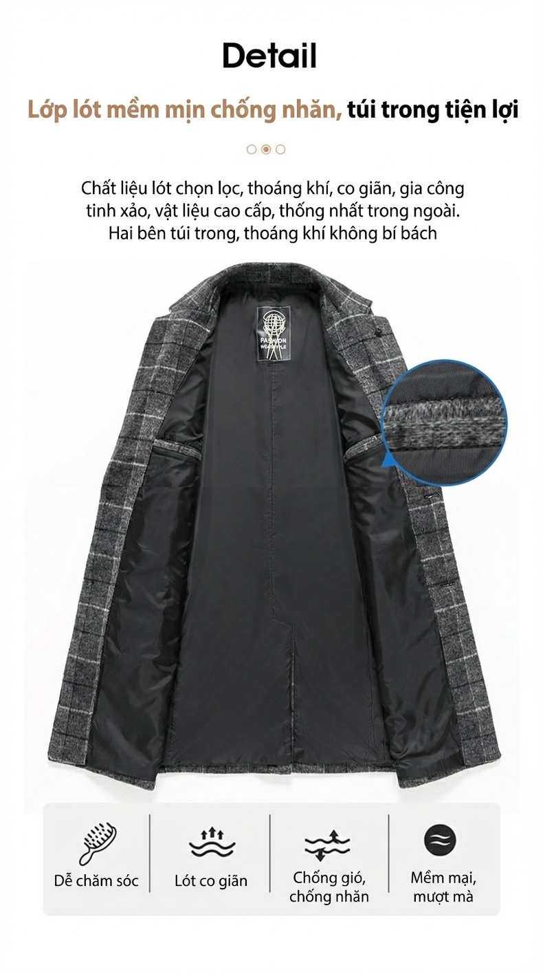 Áo Khoác Dạ Nam Trung Niên Dáng Dài Phong Cách Hàn Quốc Màu Xám, Xanh Dương, Nâu chi tiết 10