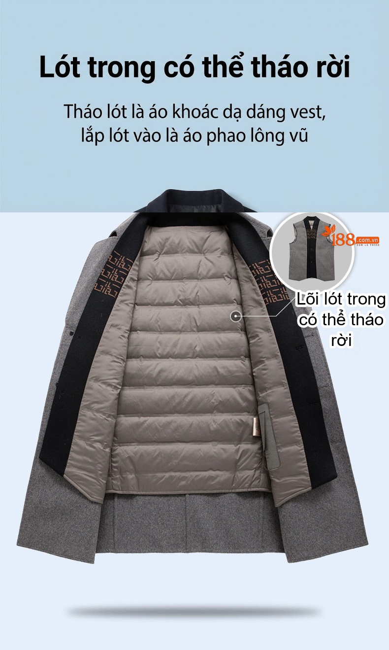 Áo Khoác Dạ Nam Trung Niên Dáng Dài Vừa Lông Cừu Dày Dặn Có Lớp Lót Tháo Rời Màu Nâu, Xám chi tiết 6