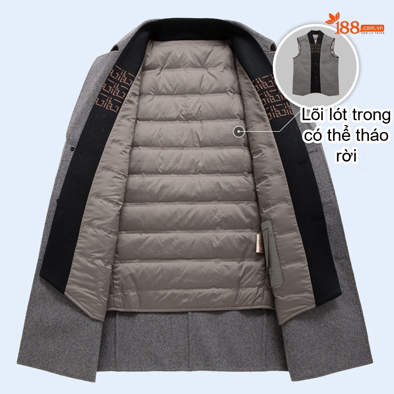 Áo Khoác Dạ Nam Trung Niên Dáng Dài Vừa Lông Cừu Dày Dặn Có Lớp Lót Tháo Rời Màu Nâu, Xám