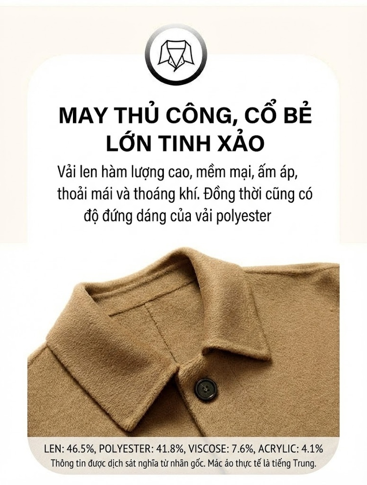 Áo Khoác Dạ Nam Trung Niên Dáng Dài Vừa Vải Lông Cừu 63% Phong Cách Tĩnh Lặng Màu Đen, Nâu chi tiết 13