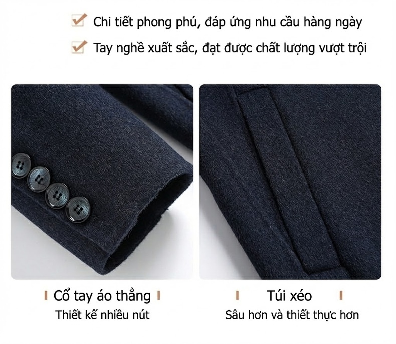Áo Khoác Dạ Nam Trung Niên Dáng Dài Vừa Vặn Màu Xanh Navy chi tiết 10
