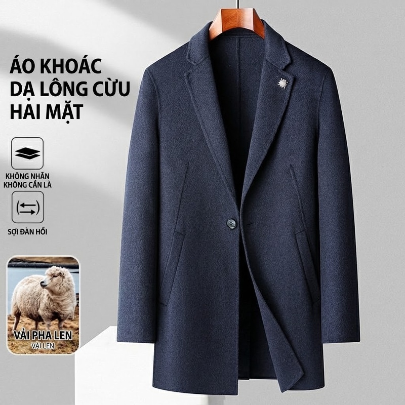 Áo Khoác Dạ Nam Trung Niên Dáng Dài Vừa Vặn Màu Xanh Navy