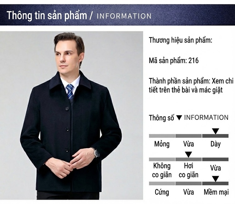Áo Khoác Dạ Nam Trung Niên Dáng Ngắn Chất Liệu Lông Cừu Màu Đen chi tiết 5