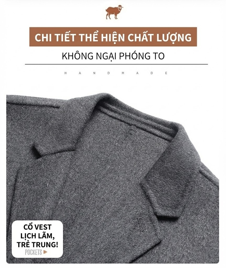 Áo Khoác Dạ Nam Trung Niên Dáng Vest Hai Mặt Màu Xám, Đen, Xanh Navy, Nâu chi tiết 9