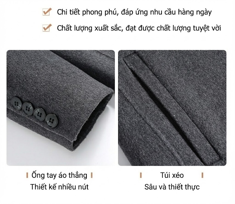 Áo Khoác Dạ Nam Trung Niên Dáng Vest Hai Mặt Màu Xám, Đen, Xanh Navy, Nâu chi tiết 10