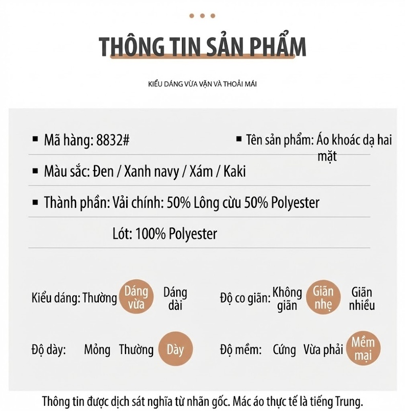 Áo Khoác Dạ Nam Trung Niên Dáng Vest Hai Mặt Màu Xám, Đen, Xanh Navy, Nâu chi tiết 15