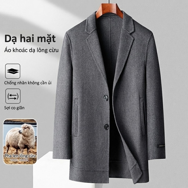 Áo Khoác Dạ Nam Trung Niên Dáng Vest Hai Mặt Màu Xám, Đen, Xanh Navy, Nâu