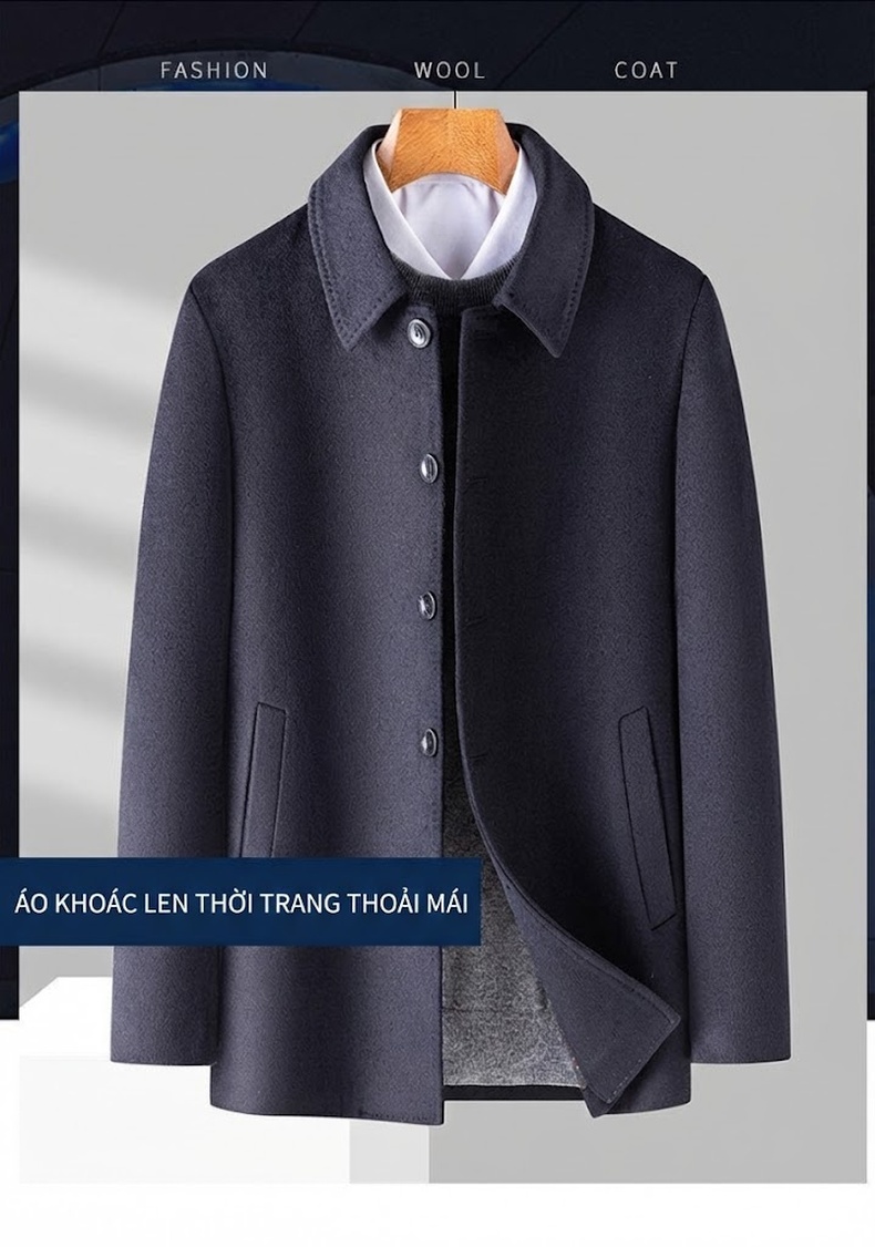 Áo Khoác Dạ Nam Wool Lông Cừu Cổ Bẻ Thanh Lịch Màu Đen, Xám chi tiết 1