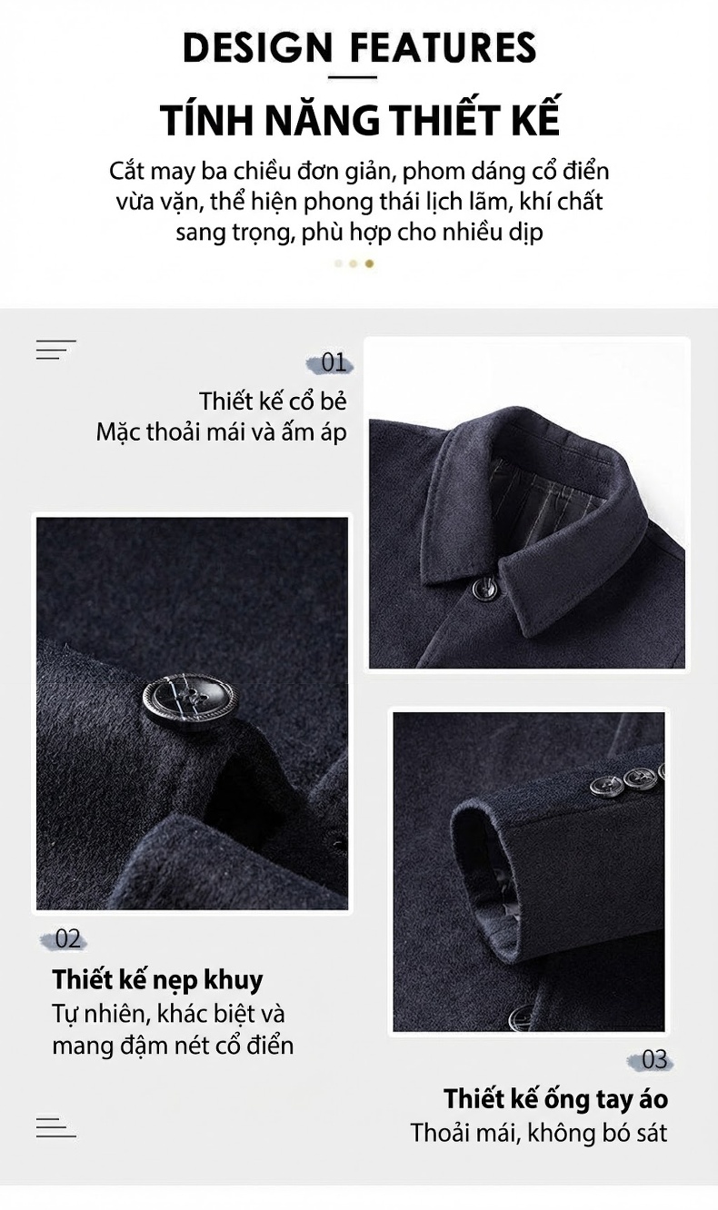 Áo Khoác Dạ Nam Wool Lông Cừu Cổ Bẻ Thanh Lịch Màu Đen, Xám chi tiết 2