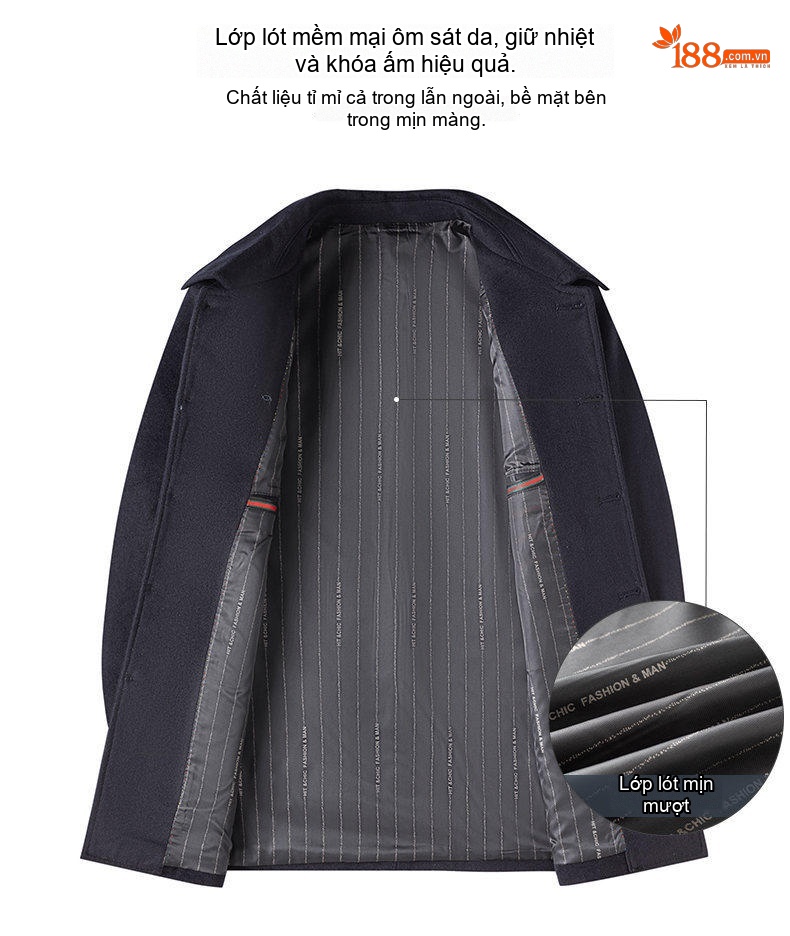 Áo Khoác Dạ Nam Wool Lông Cừu Cổ Bẻ Thanh Lịch Màu Đen, Xám chi tiết 4