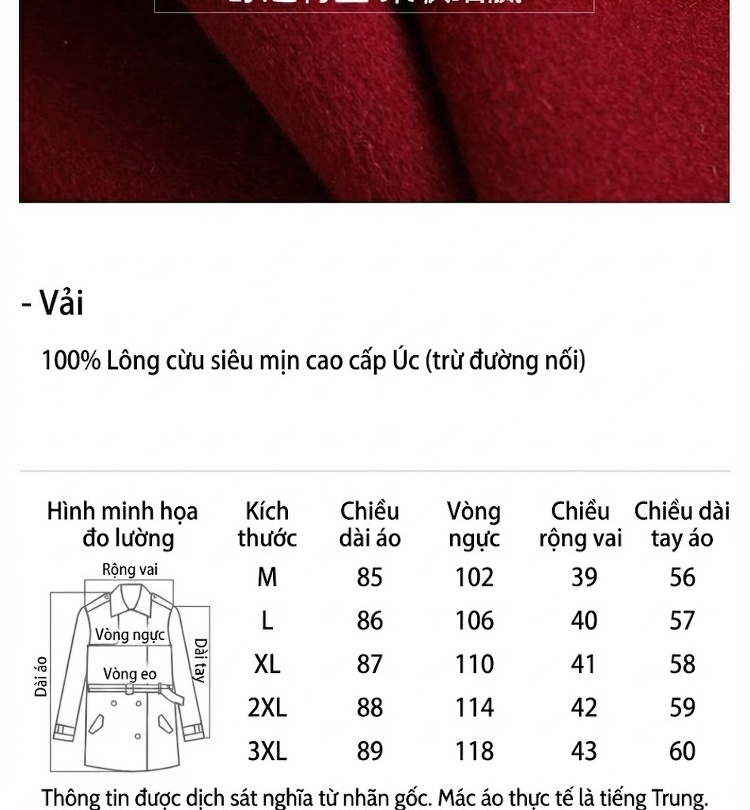 Áo Khoác Dạ Nữ 100% Lông Cừu Dáng Dài Trung Quốc Cỡ Lớn Màu Đỏ, Xanh Rêu chi tiết 6