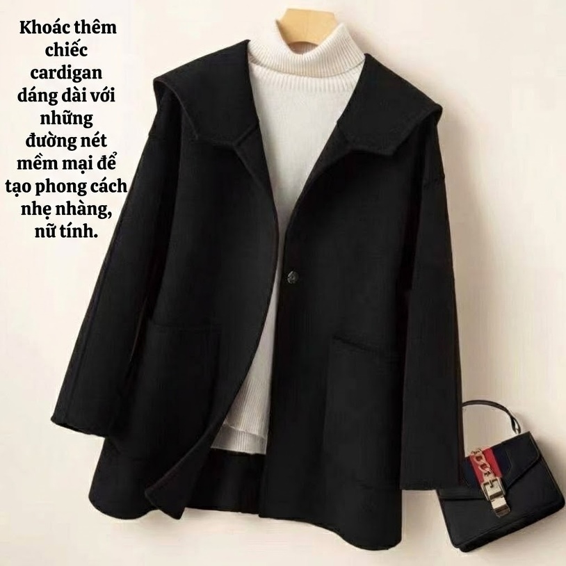 Áo Khoác Dạ Nữ Cổ Hải Quân Phong Cách Hepburn Tay Dài Màu Đen, Nâu chi tiết 6