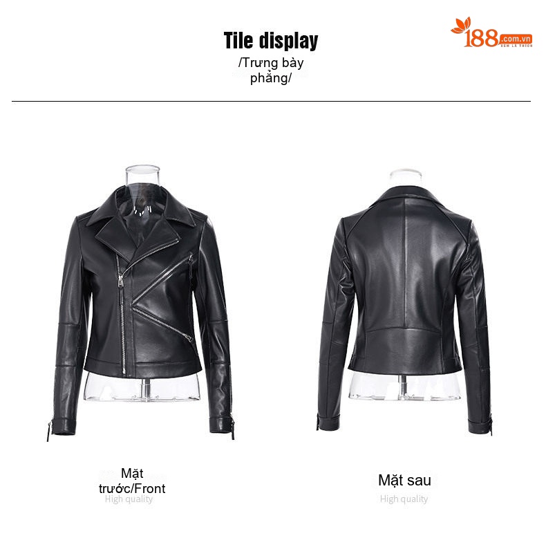 Áo Khoác Da Nữ Da Cừu Dáng Ngắn Phong Cách Moto Màu Đen chi tiết 11