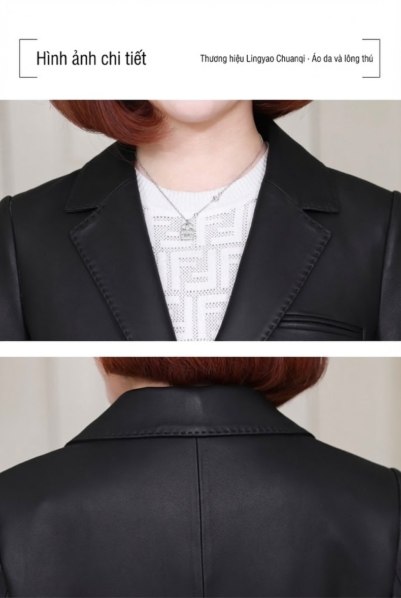 Áo Khoác Da Nữ Da Cừu Dáng Vest Ôm Eo Màu Đen chi tiết 9