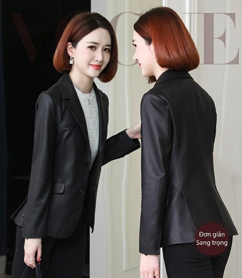 Áo Khoác Da Nữ Da Cừu Dáng Vest Ôm Eo Màu Đen chi tiết 1