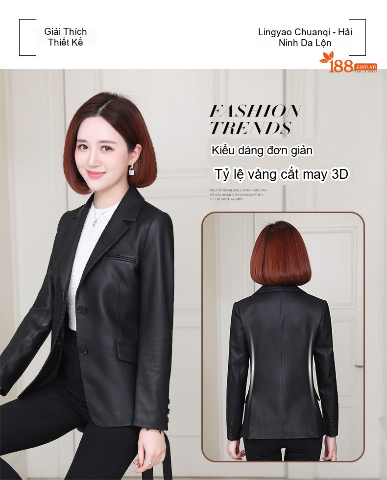 Áo Khoác Da Nữ Da Cừu Dáng Vest Ôm Eo Màu Đen chi tiết 2