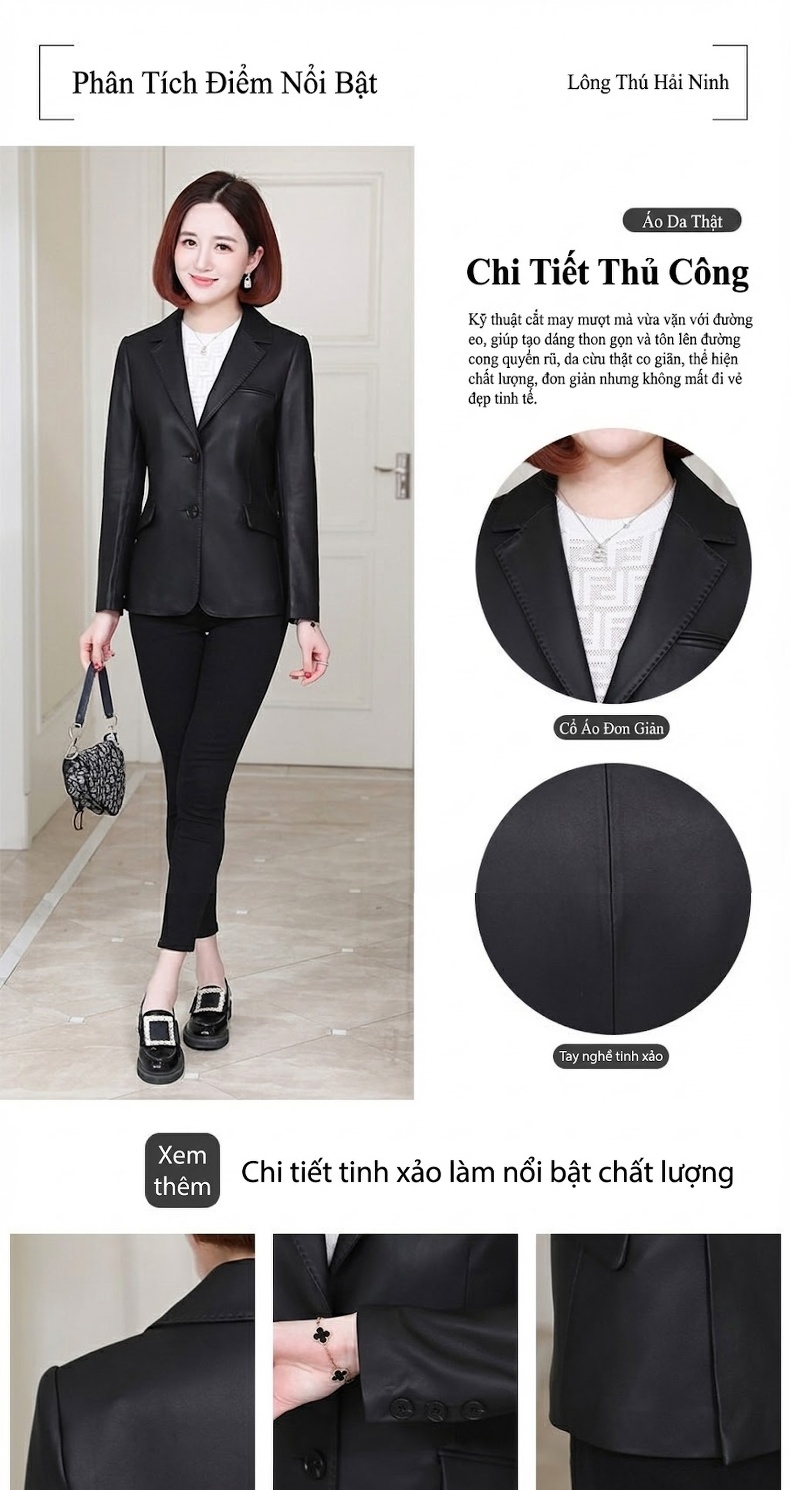 Áo Khoác Da Nữ Da Cừu Dáng Vest Ôm Eo Màu Đen chi tiết 3